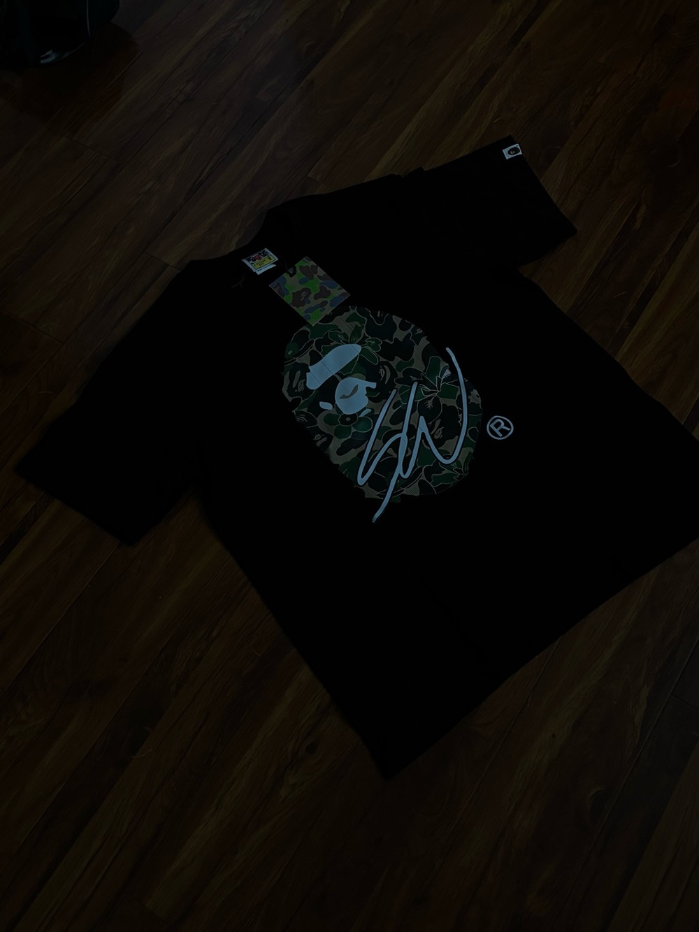 Bape Black Short Sleeve Tee with Green Camo Ape Head